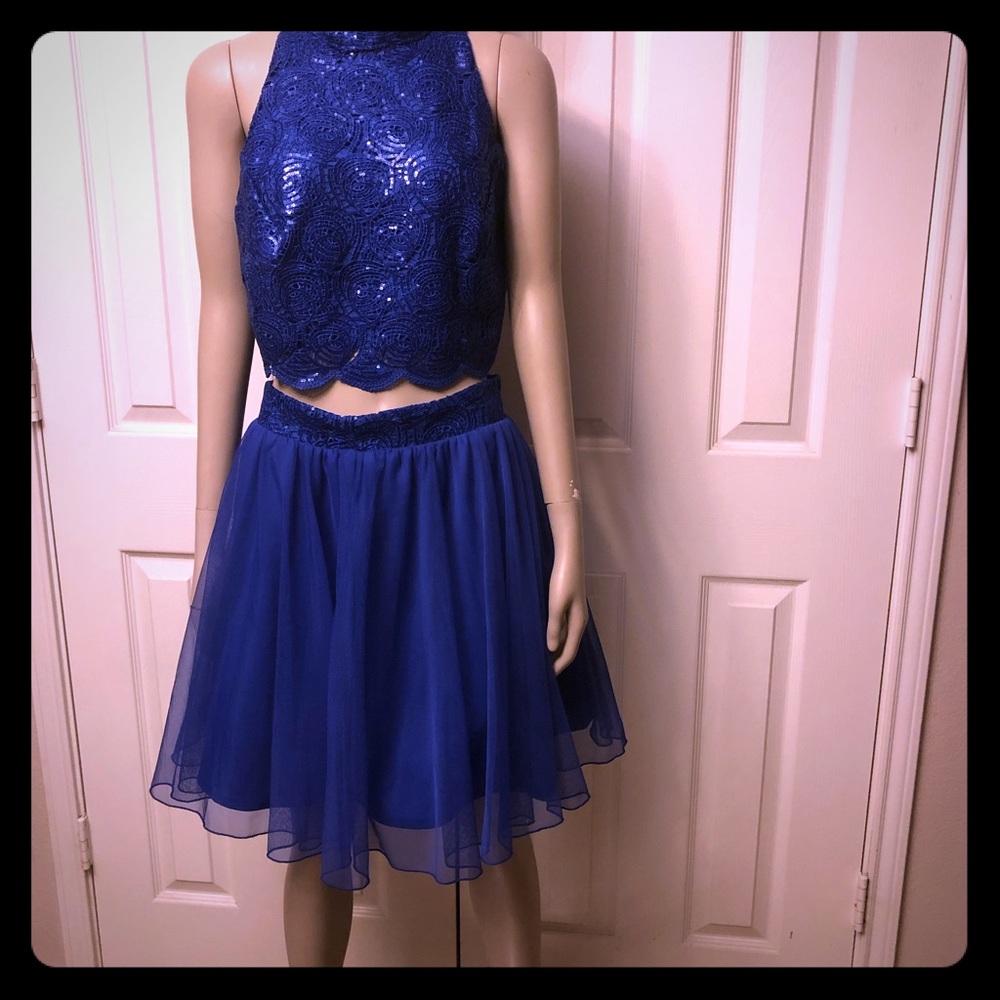 Two piece skirt and top dress in royal blue